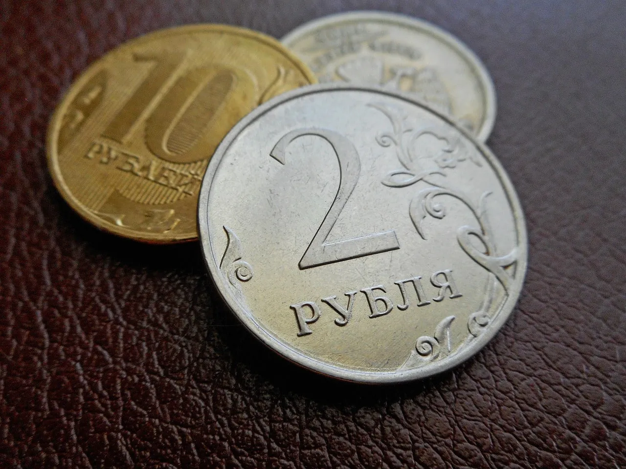Монета в два рубля и монета в десять рублей лежат на тёмно-красной коже